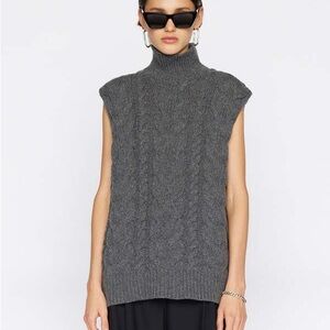 Frame Denim Gray Cable-Knit Sleeveless Turtleneck Sweater